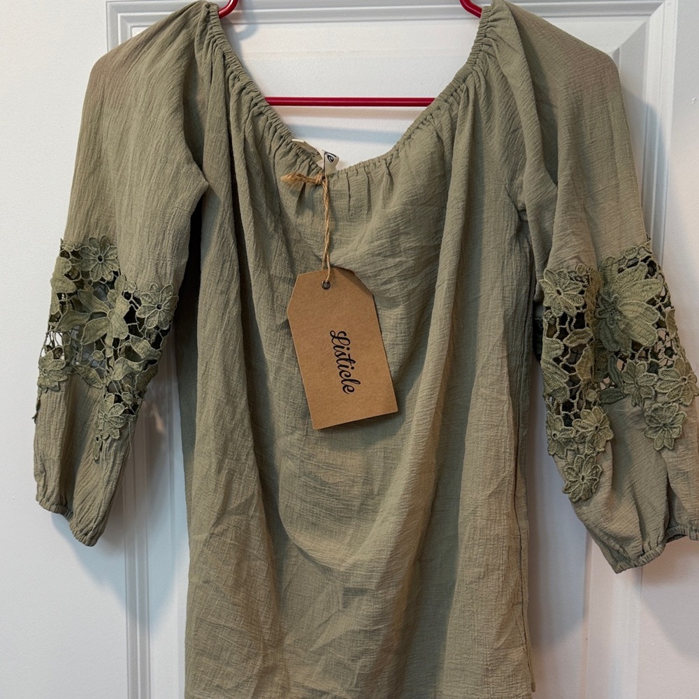 Listicle Sage Green Blouse with Floral Lace Sleeves